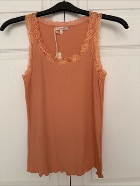 Mystree Lace-Trim Ribbed Tank in Peachy Coral